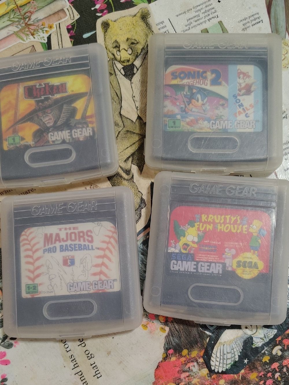 Sega Game Gear Cartridge Set Of 4 & Protective Cases - Sonic 2 + Krusty & More